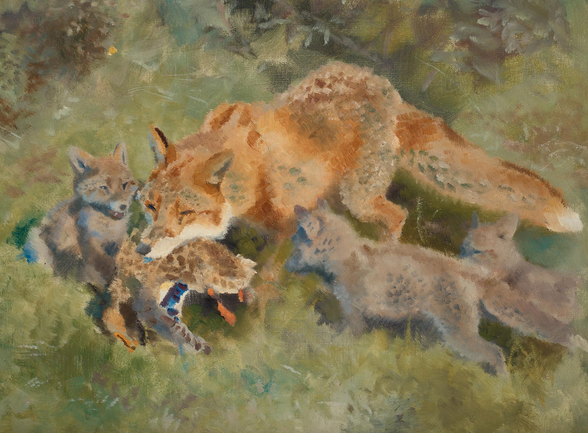 Bruno Liljefors, "Rävfamilj" (Fox family with prey).