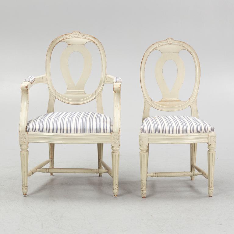 Stolar, 4 st och karmstolar, ett par, gustaviansk stil, 1900-talets första hälft.