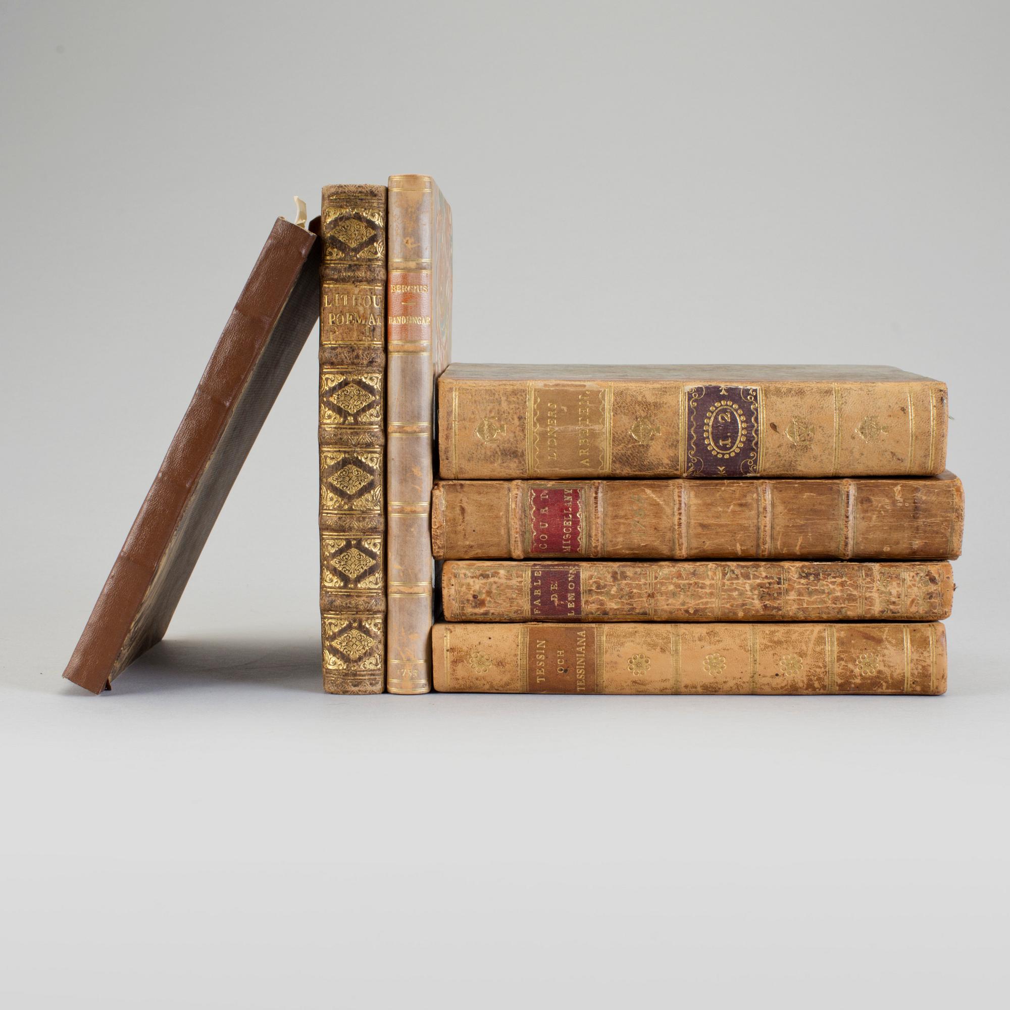BOKPARTI, 7 vol, bla Myrthen och Cypresser av Carl Eldh, 1725, Poëmatum av Gustaf Lithou, 1734.
