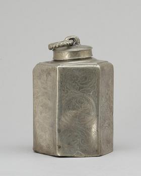 A pewter bottle. Unidentified marks.