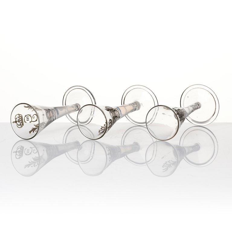 A set of six glasses and a bottle, Sweden, 18th century with King Gustavus IIIs monogram.