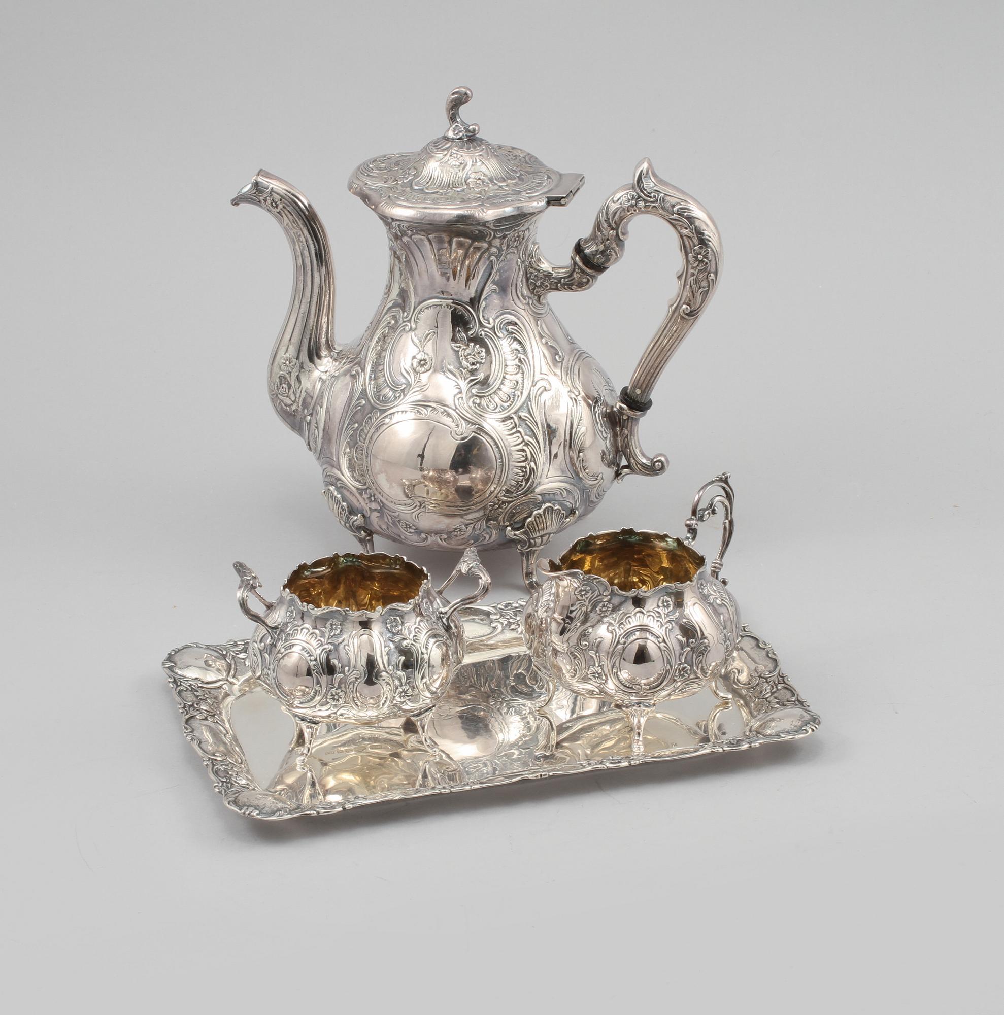 KAFFESERVIS, 4 delar, silver, rokokostil, Gewe, Malmö, 1965/1968, total vikt 1435 gram.