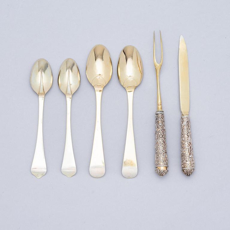 A possibly German 17/18th century parcel-gilt silver and filigree six-piece travel cutlery, unmarked, and leather case.