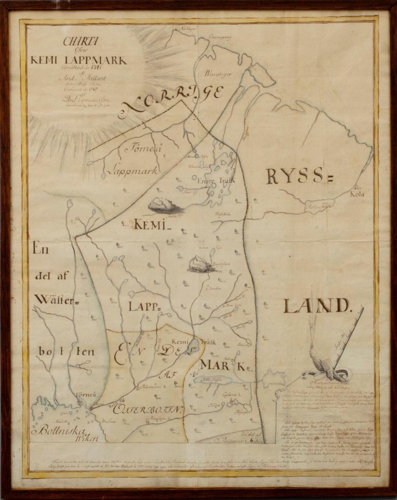 KARTA, Charta öfver Kemi Lappmark, 1741,  And. Hellant, kopierad 1767, L. Nymansson.