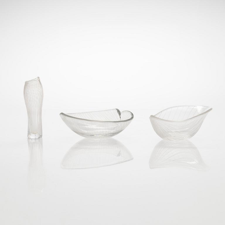 Tapio Wirkkala, a set of three mid-20th century, small line cut art glass objects, signed, Iittala.