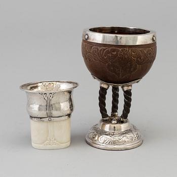 A Swedish Art Nouveau silver and coconut stemcup and a silver and ivory beaker, Makers mark Märta af Ekenstam, Malmö.