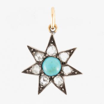 Pendant in silver and gold with a turquoise and rose-cut diamonds.
