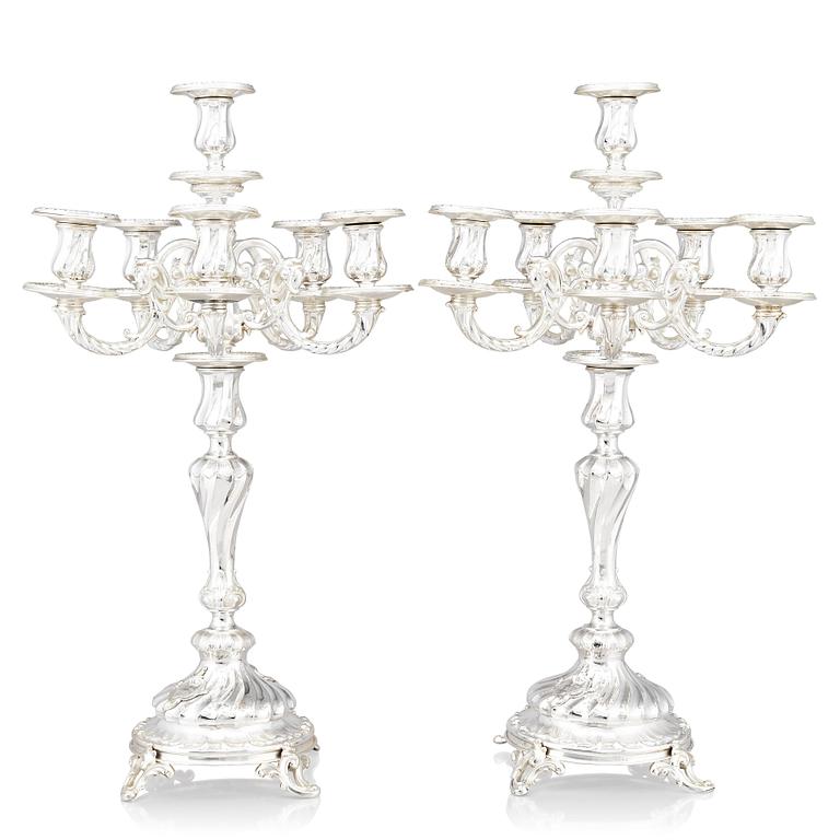 A pair of Swedish silver candelabra, mark of Gustaf Möllenborg (Carl Teodor Feron), Stockholm 1896.