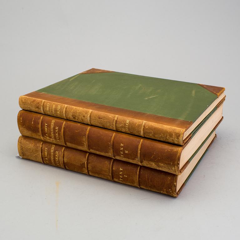 BOKVERK, 3 volymer, I+II+planschdel, "Skandinaviens Fiskar", FA Smitt, illustrerad av W von Wright, 2:a upplagan, 1895.