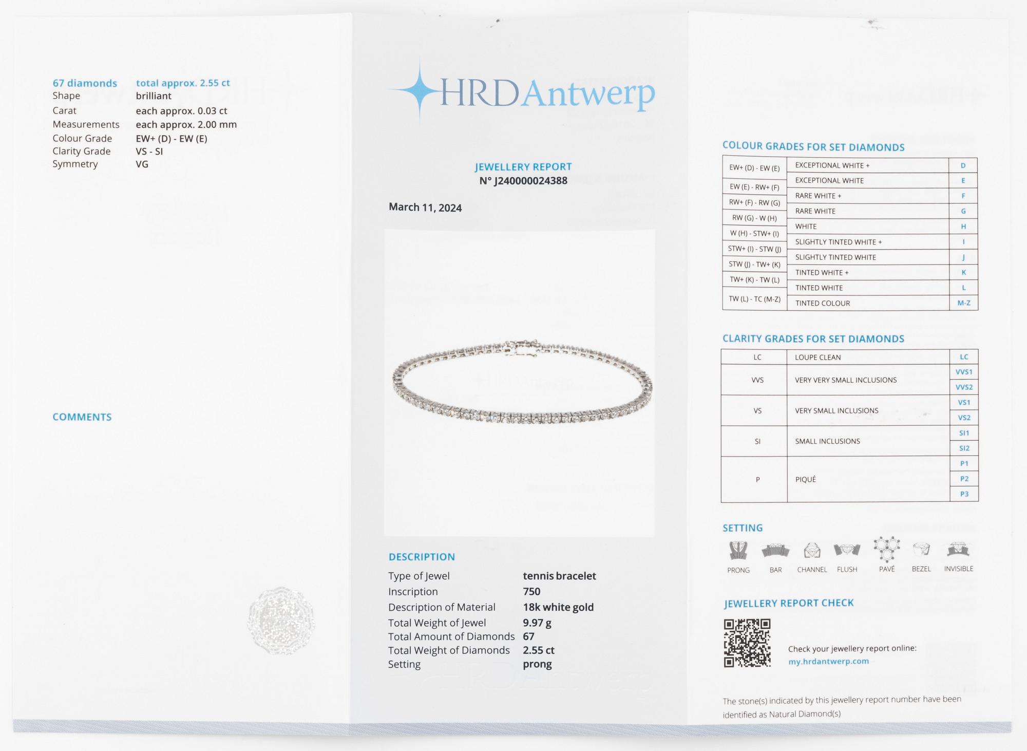 Tennis bracelet 18K white gold with round brilliant-cut diamonds.