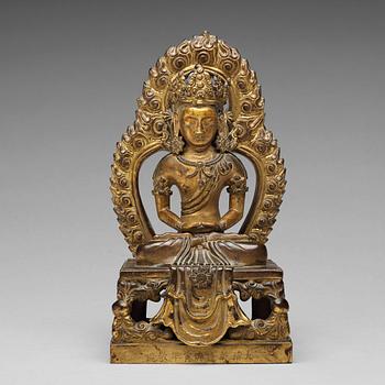 675. A gilt bronze seated figure of Amitayus, Qing dynasty, Qianlong period, dated by inscription.