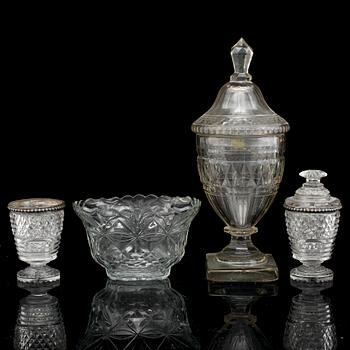 Three cups and a bowl, glass, Anglo-Irish, 19th century.