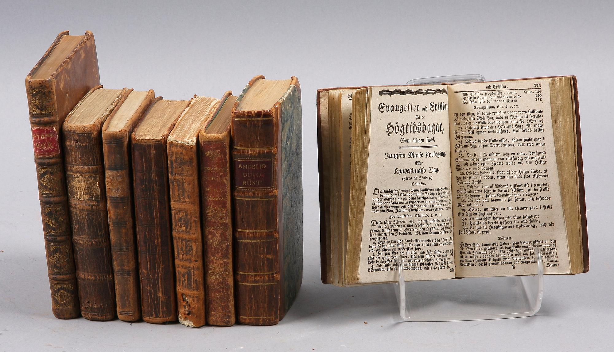 PARTI EVANGELIE- SAMT PSALMBÖCKER, 8 st, 1700-1800-tal, Sverige.
