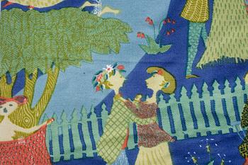 TEXTIL, 2 delar, linne, "Lustgården", Stig Lindberg, NKs textilkammare.