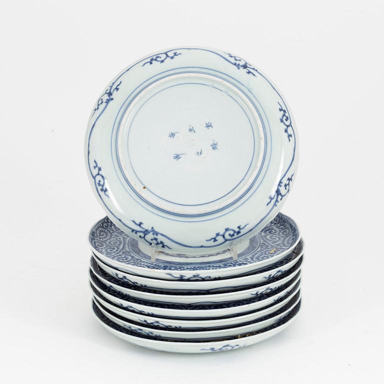 A set of eight Japanese blue and white dishes, Meiji period (1868-1912).,