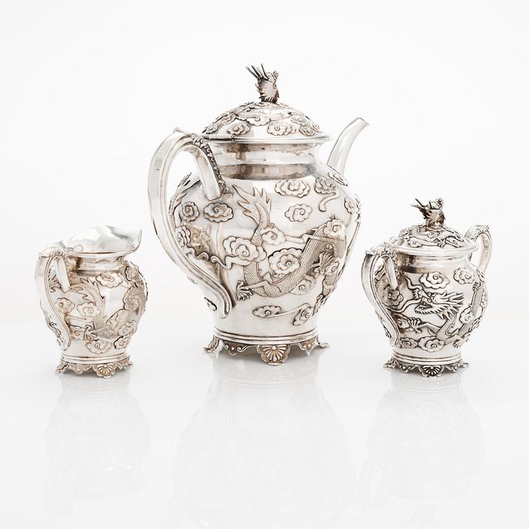 A Chinese export silver three-piece tea set, late Qing dynasty, the end of the 19th century.