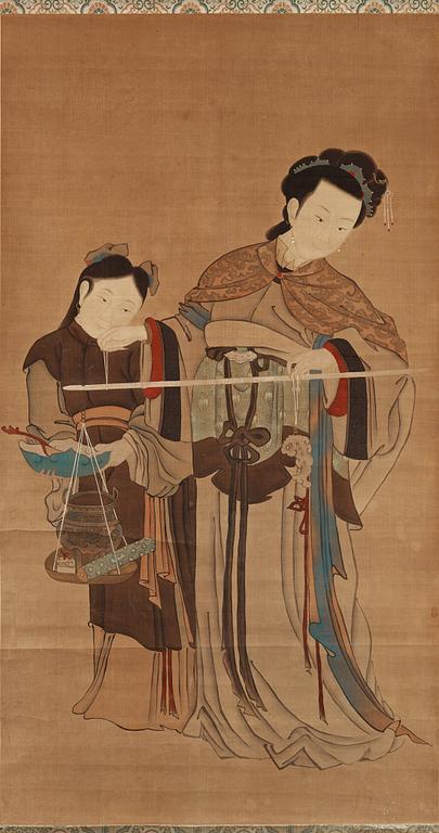 RULLMÅLNING, dam och tjänarinna med en våg, i Qiu Yings stil (c. 1494-1551), sen Qingdynastin (1644-1912).