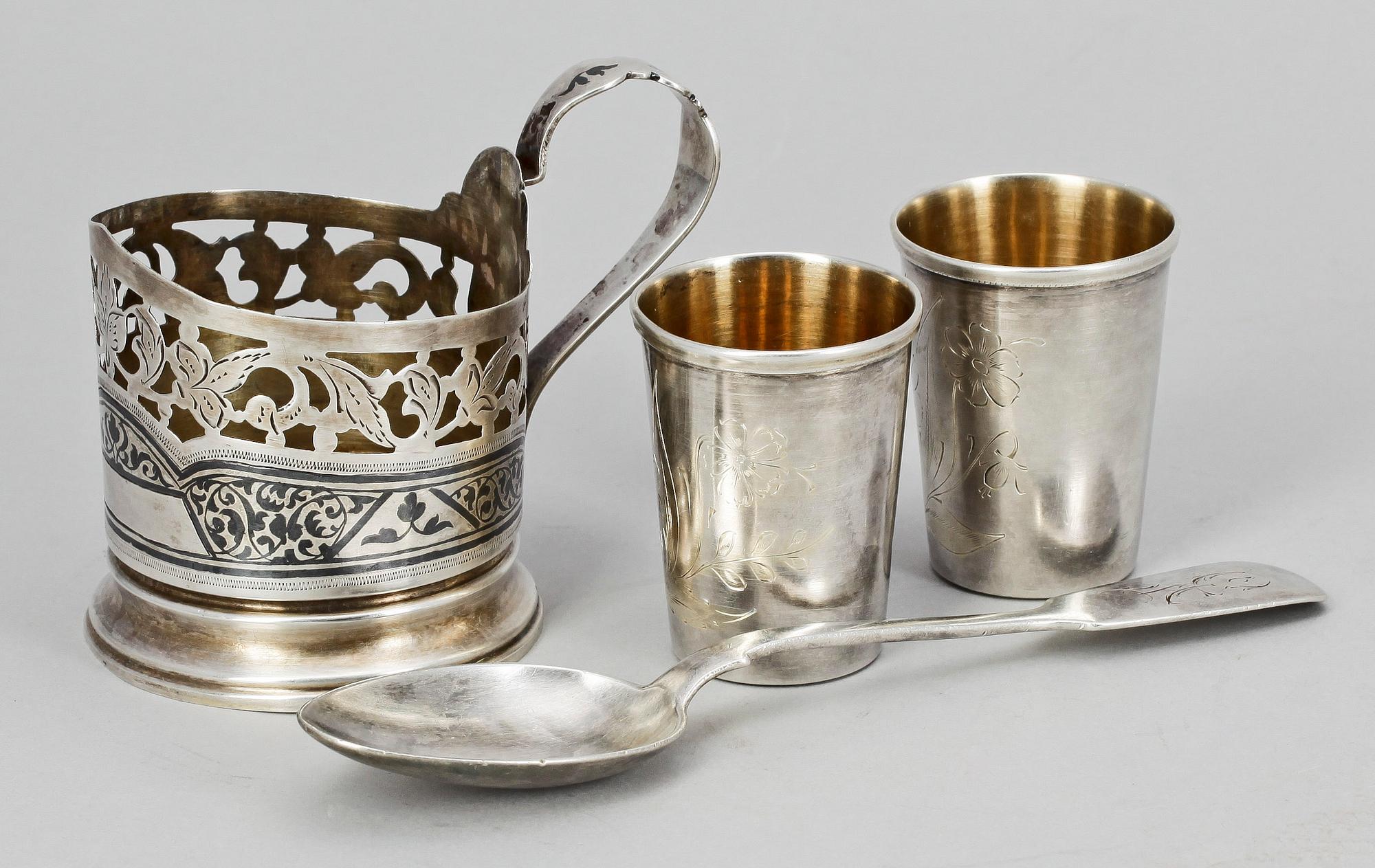 PARTI SILVER, 4 delar, Ryssland, 1800/1900-tal. Tot vikt ca 218g.