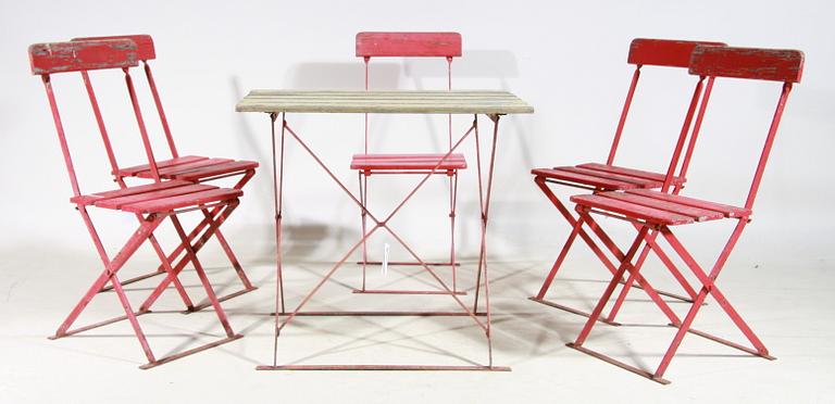 TRÄDGÅRDMÖBELGRUPP, 6 delar, järnsmide, trä, 1930/40-tal.