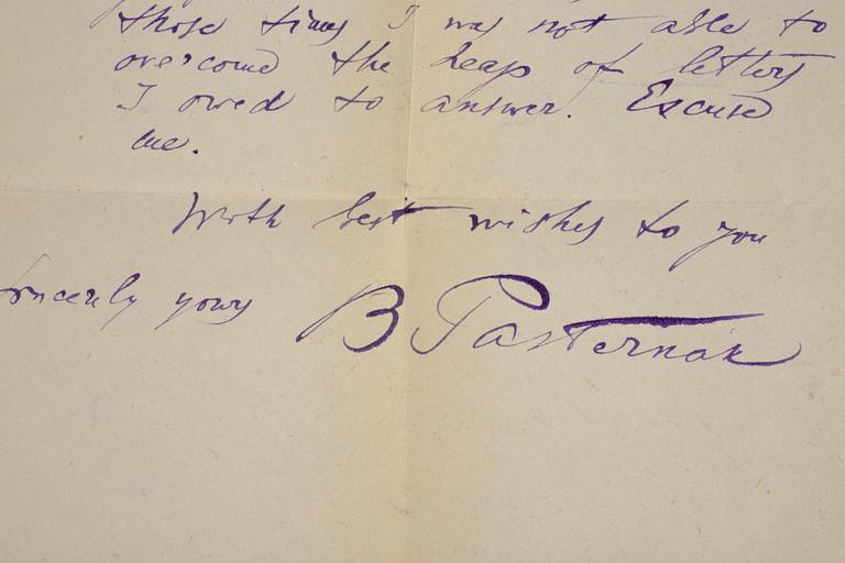 BREV med AUTOGRAF, egenhändigt skrivet och signerat Boris Pasternak, 1959.