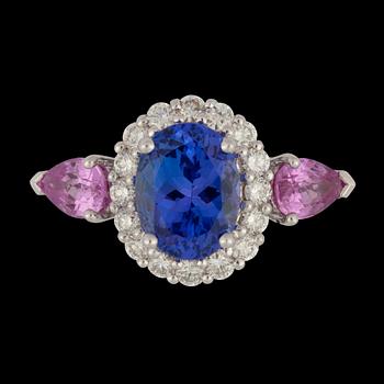 764. A 2.00 cts tanzanite, pink sapphire and brilliant cut diamond ring.