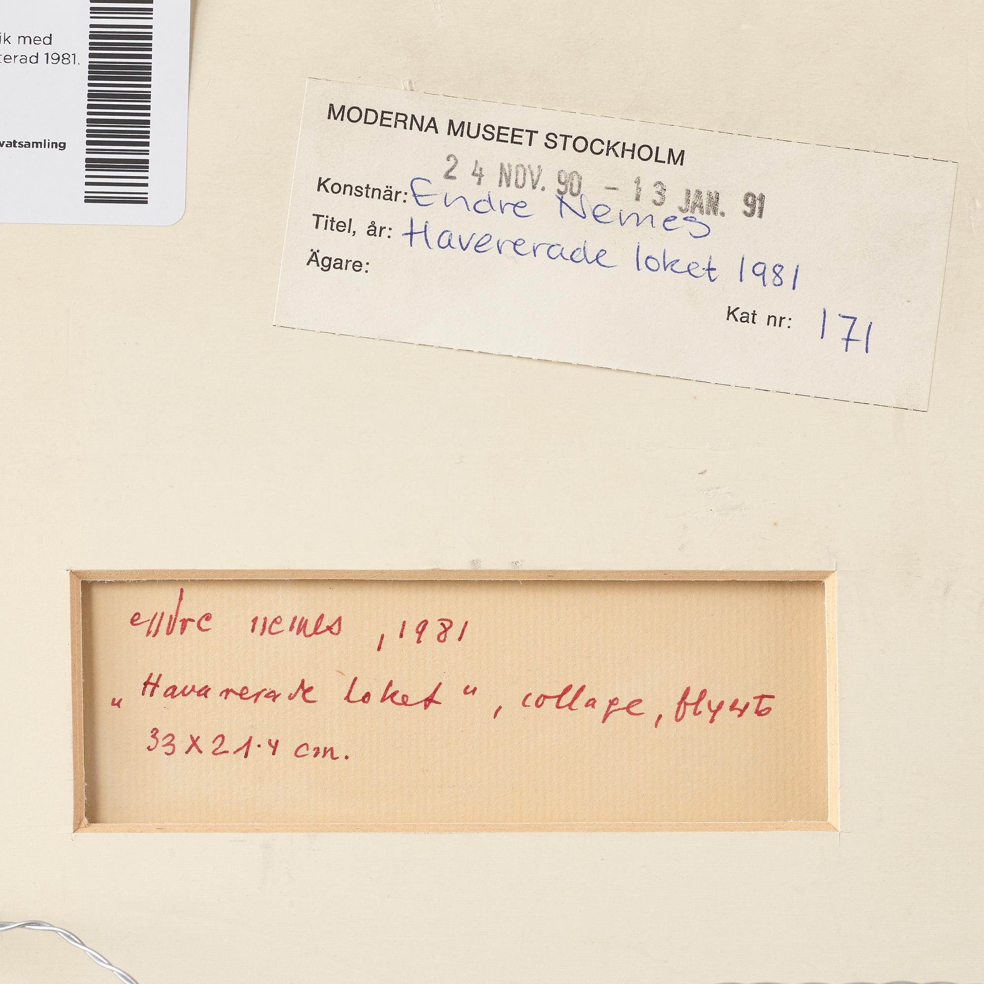 Endre Nemes, blandteknik med collage, signerad och daterad 1981.