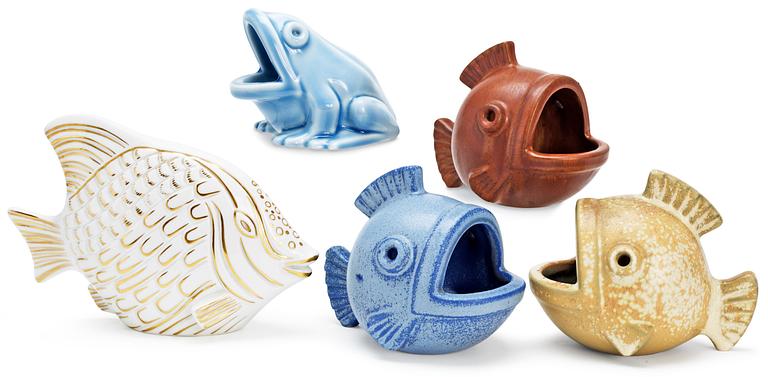 A set of five Gunnar Nylund stoneware figures of a frog and four fishes, Rörstrand.