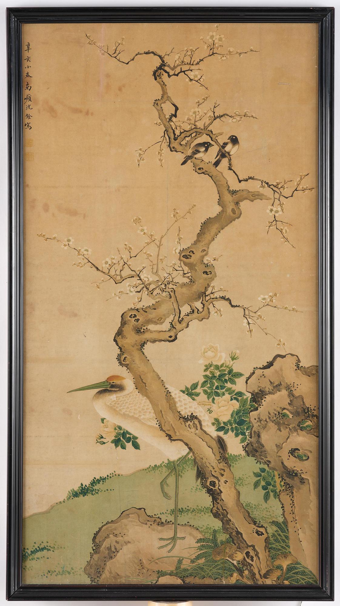 Shen Quan, after, 'Crane, magpies and a blossoming cherry tree'.
