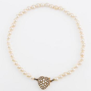 Pearl necklace, cultured pearls, clasp heart-shaped in gold with pearls.