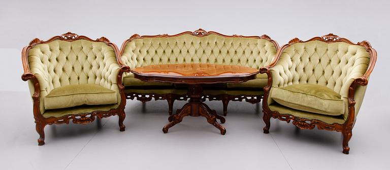SALONGSMÖBEL, 4 delar, rokokostil, 1900-talets andra hälft.