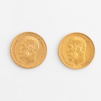 Guldmynt 2 st, Ryssland, Nikolaj II, 5 rubel, 1898 & 1899.