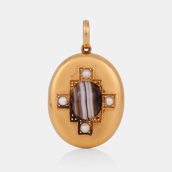 A Victorian pendant locket, decorated with a cross of pearls and a cabochon cut agate.