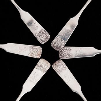 TESKEDAR, 6 st, silver, Henrik Wikström, Nystad 1811-1852. Vikt 93,3 g.