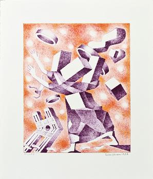 ERIK OLSON, mapp med 3 st färglitografier samt bok och katalog.