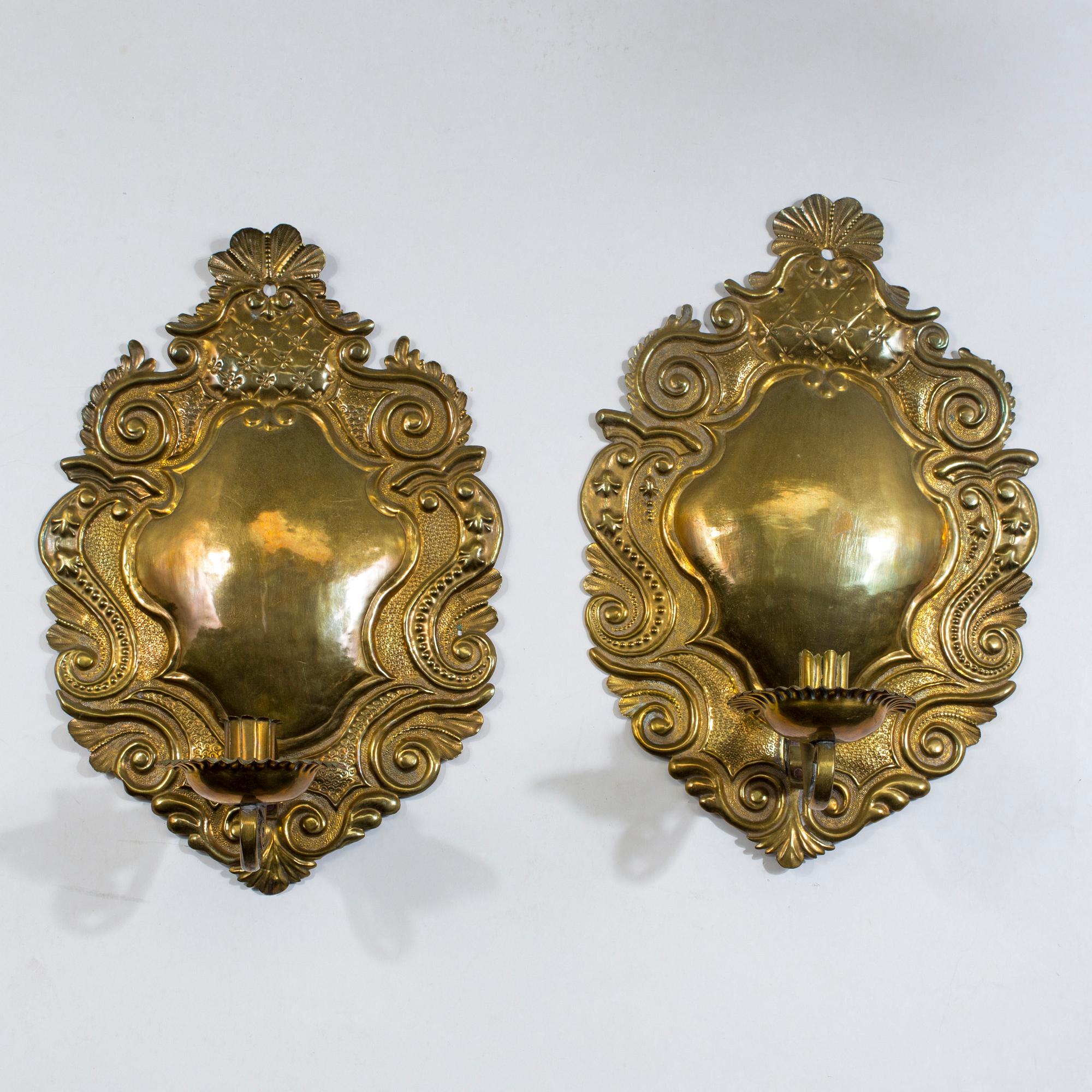 VÄGGPLÅTAR, ett par, mässing, 1700/1800-tal.