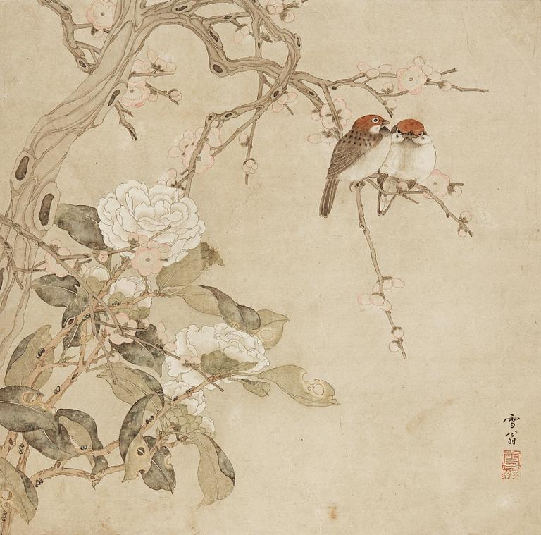 MÅLNING, av Chen Zhifo, signerad, blommande kamelia, prunus och sparvar.