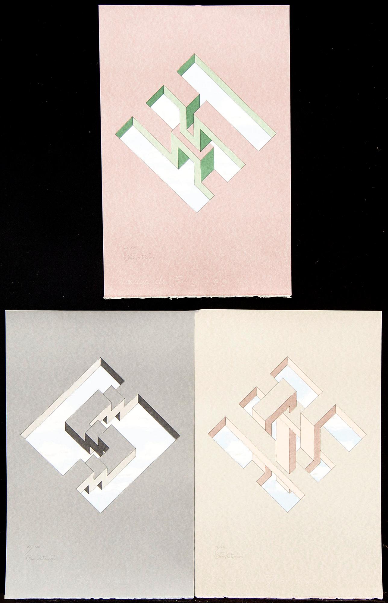 Oscar Reutersvärd, three color lithographs, signed 21/120, 21/120 & 23/120.