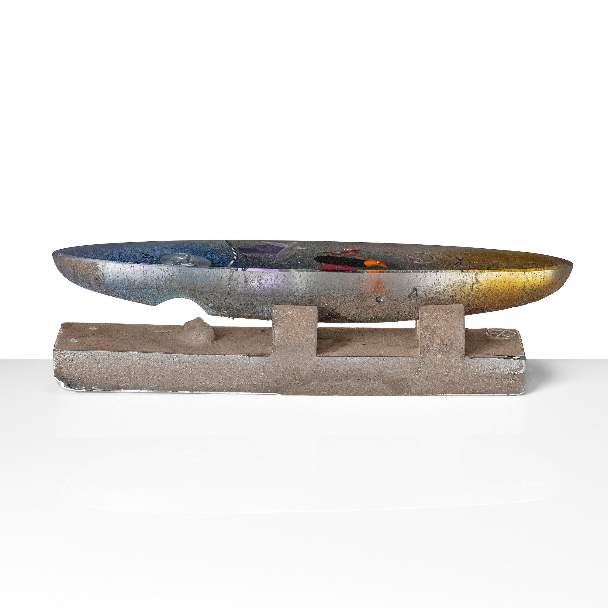 Bertil Vallien, a unique sand cast glass sculpture of a boat, Kosta Boda.
