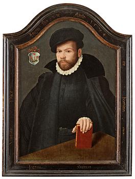 316C. Monogramisten HB, A Portrait of Johannes Steiman, age 33
Half Length, wearing a black cape and hat, standing at a tabkle, his left hand resting on a book.