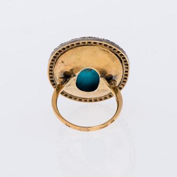 RING, guld (56), turkos ca 40 ct, rosenslipade diamanter tot. ca 1,00 ct. Ryska stämplar.