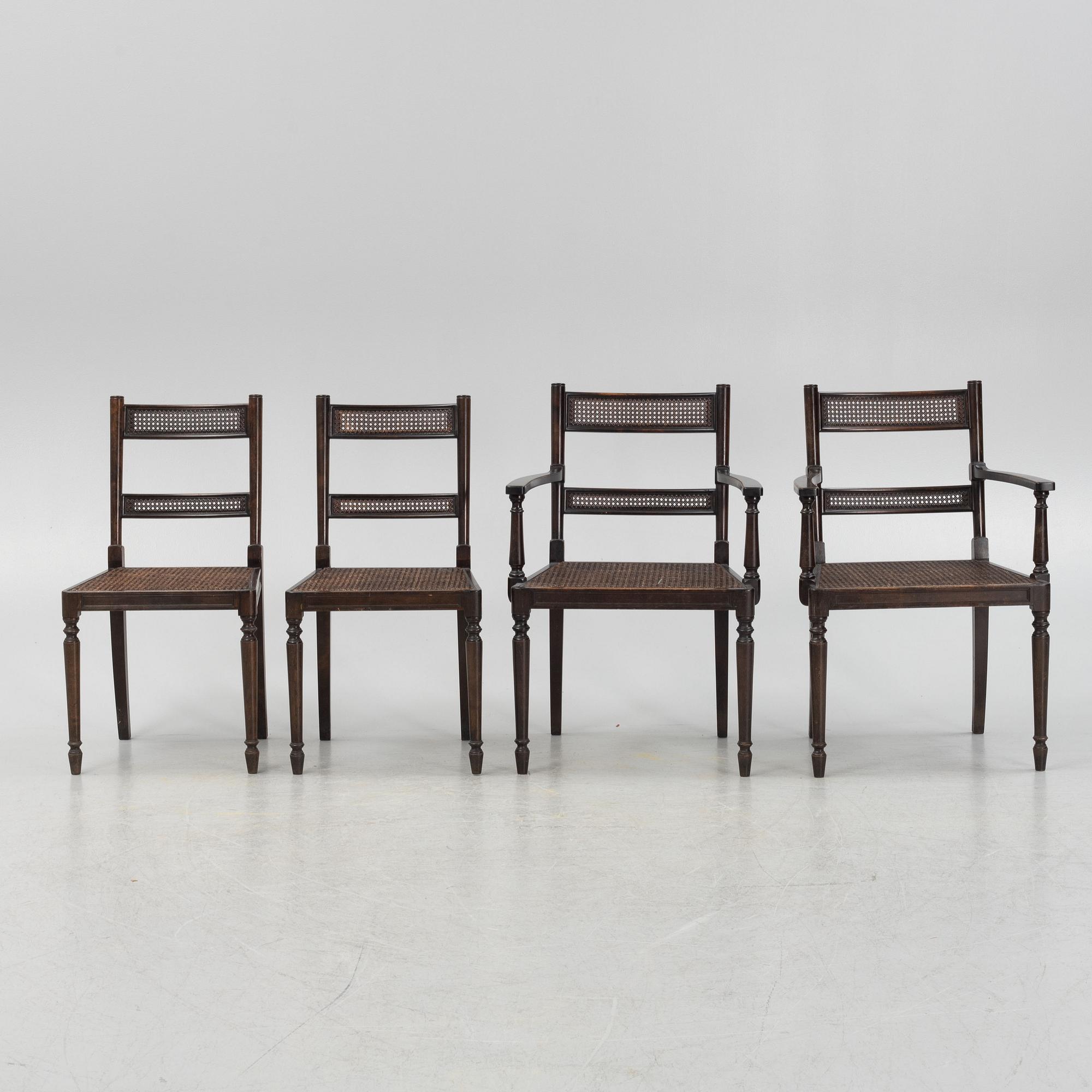 A pair of stained birch armchairs, and a pair of chairs, 'Harding' Nordiska Kompaniet, first half of the 20th Century.