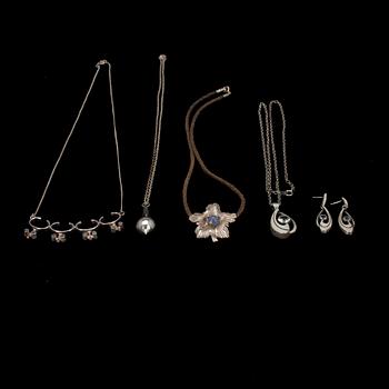 PARTI SMYCKEN, 4 st. silver, bergskristall, kalsedon, läder.