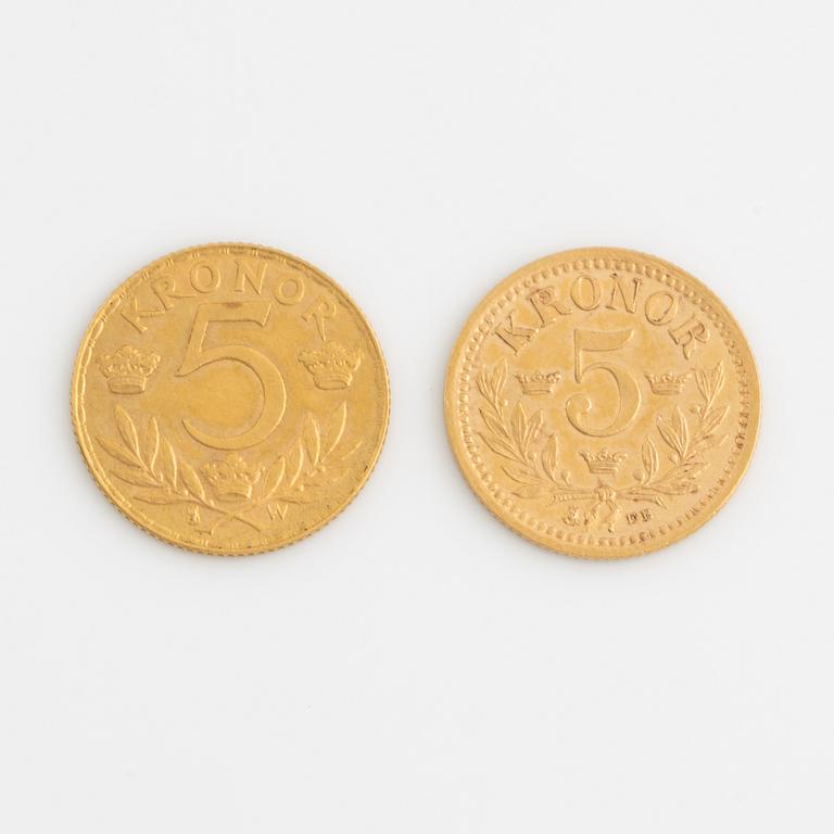Oscar II & Gustav V, guldmynt 2 st, 5 kronor, 1894 och 1920.