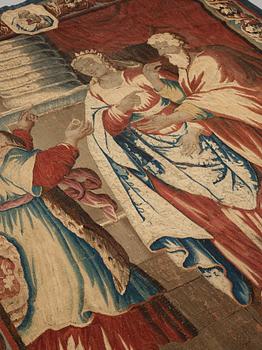 A TAPESTRY, tapestry weave, ca 299,5 x 212,5 cm, signed FOVRUIERES, 
DELANRIEVE.M.R.DABUSSON, Aubusson 17th century.