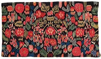 249. A CARRIAGE CUSHION, tapestry weave, ca 50 x 85,5 cm, Scania (Sweden) around 1770-1800, signed EPD.