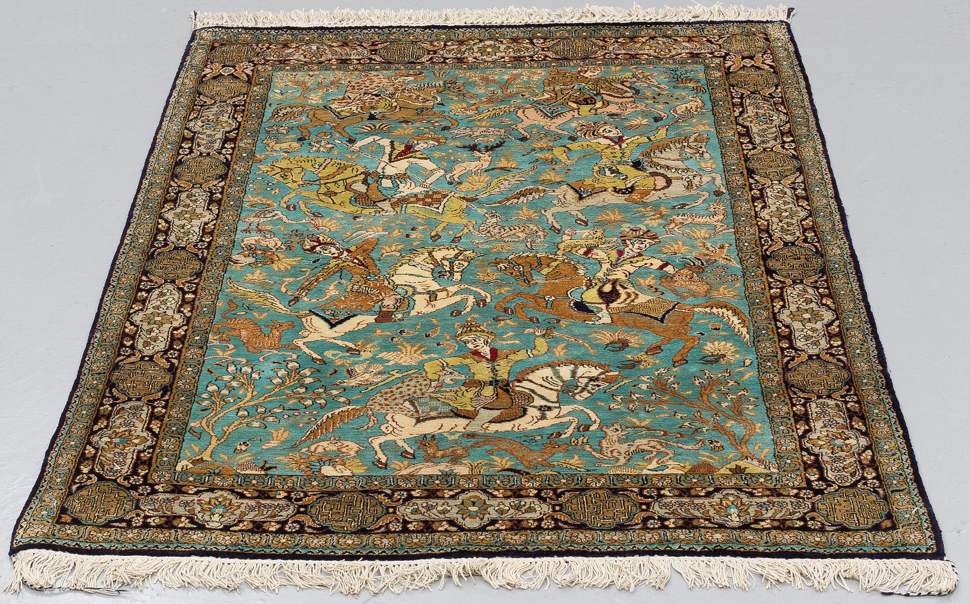 A RUG, an old silk Qum figural, ca 154,5 x 107,5 cm.