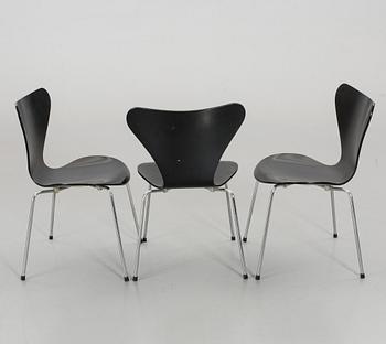 ARNE JACOBSEN, a set of three Sjuan chairs Friz hansen Denmark 1980.