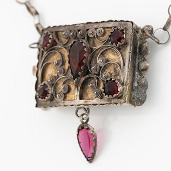 Costume jewellery, silver with glass stones.