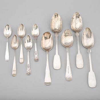 SAMLING SKEDAR, 10 st, silver, 1700-/1800-/1900-tal. Vikt ca 359 gram.