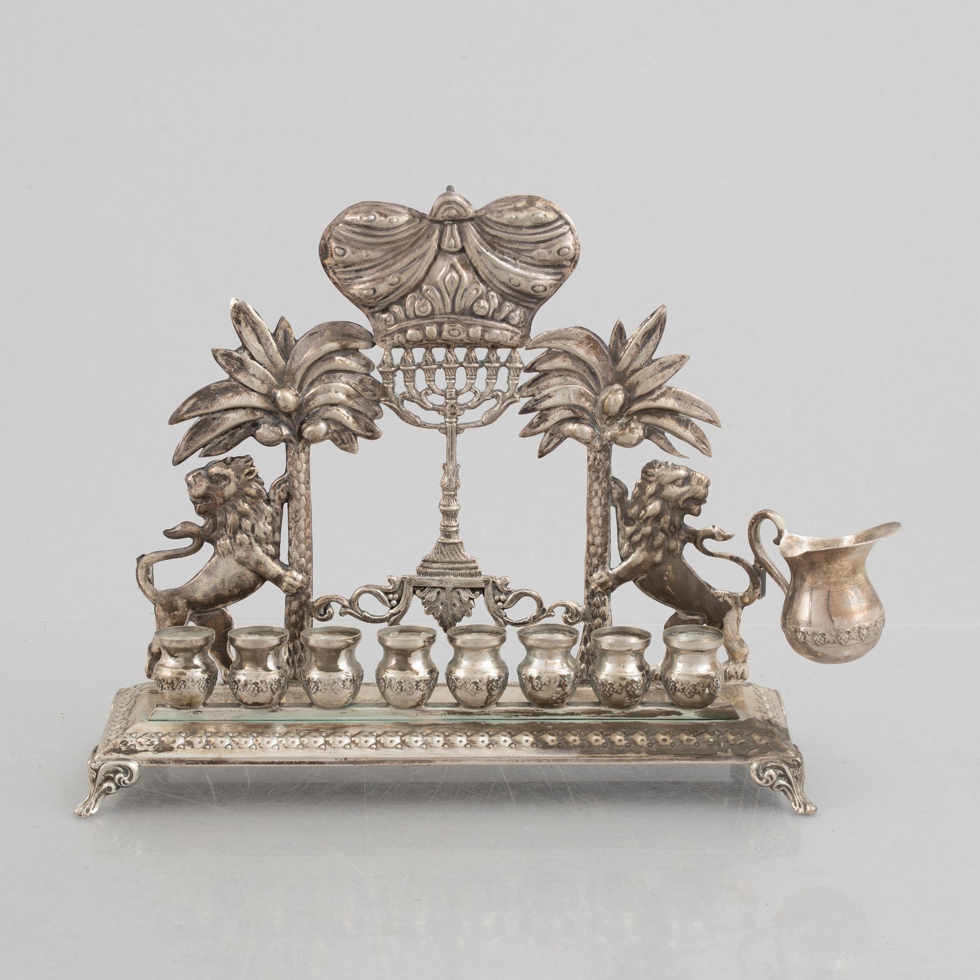 Hanukkah menorah, low-grade silver, Hazorfim Ltd, Israel, 20th Century. Judaica.